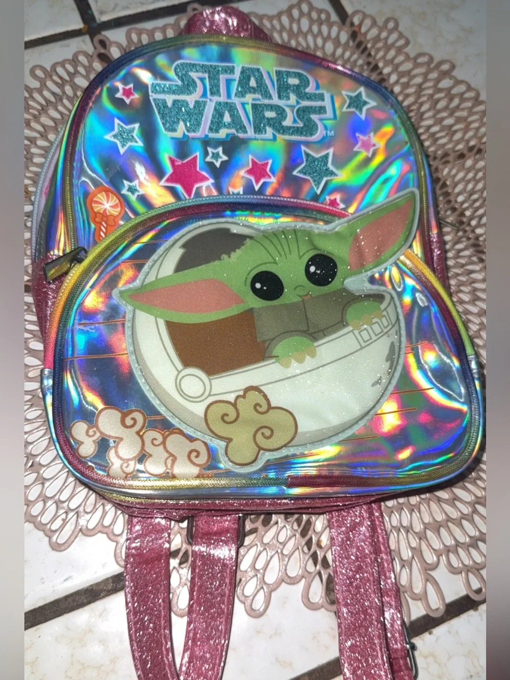 Kids Holographic Baby Yoda Backpack - Pink/Green